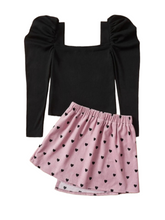 Girls Ruffle sleeve black top with pink heart skirt